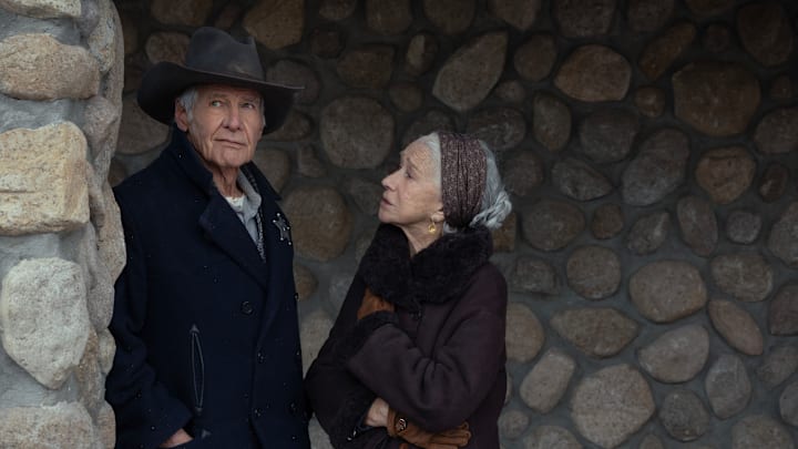 L to R Harrison Ford as Jacob Dutton and Helen Mirren as Cara in season 2 , Episode 4 of 1923 streaming on Paramount+. Photo Credit:Trae Patton/Paramount+