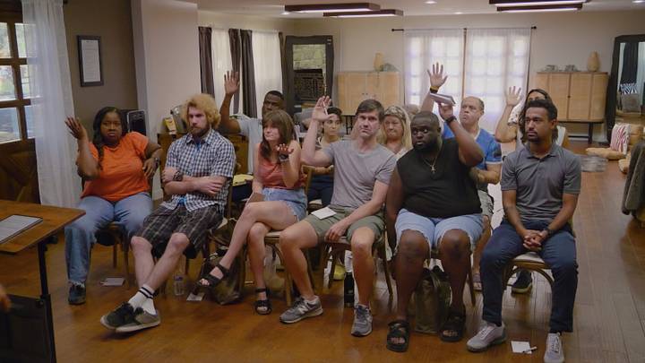 Front: Jackie (LaNisa Frederick), Dougie Jr. (Alex Bonifer), Amy (Emily Pendergast), Other Anthony (Rob Lathan), PJ (Marc-Sully Saint-Fleur), Anthony; Back: Steve (Warren Burke), Claire (Rachel Kaly), Helen (Stephanie Hodge), Jimmy (Jim Woods) - Credit: Prime Video 