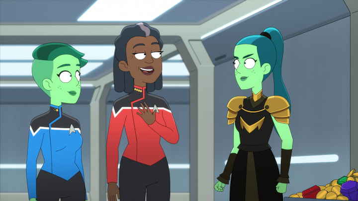 L-R: NoÎl Wells as DíVana Tendi, Dawnn Lewis as Captain Carol Freeman, and Ariel Winter as D'Erika Tendi in episode 2, season 5 of Lower Decks streaming on Paramount+, 2024. Photo Credit: Paramount+