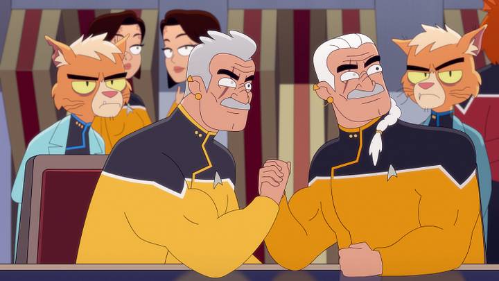L-R: Gillian Vigman as Doctor T'Ana and Fred Tatasciore as Lieutenant Shaxs in episode 1, season 5 of Lower Decks streaming on Paramount+, 2024. Photo Credit: Paramount+