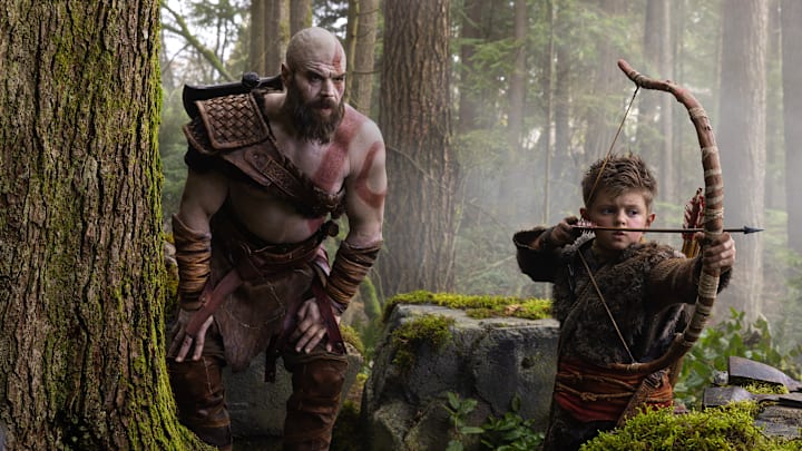 Ryan Hurst as Kratos and Callum Vinson as Atreus in God of War.