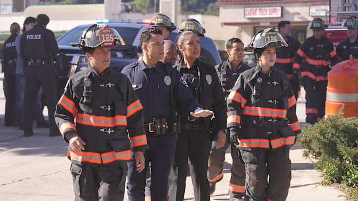 9-1-1 LONE STAR: L-R: Rob Lowe, Rafael Silva, Brian Michael Smith, Gina Torres, Julian Works and Natacha Karam in the "Swipe Left" episode of 9-1-1 LONE STAR airing Tuesday, Apr 11 (8:00-9:01 PM ET/PT) on FOX. © 2023 Fox Media LLC. CR: Kevin Estrada/FOX.