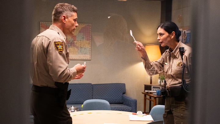 "Pilot" - Sheriff Country. PIctured: Matt Lauria as Nathan Boone and Morena Baccarin as Sheriff Mickey Fox. Photo: Brooke Palmer/CBS ©2025 CBS Broadcasting, Inc. All Rights Reserved.