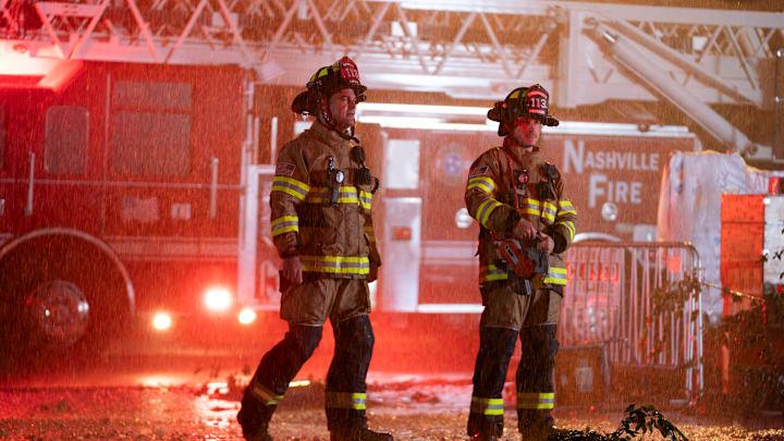 9-1-1: NASHVILLE - “Hell and High Water” - A tornado’s path leads the Station 113 team to an intense rescue at a water tower. Ryan and his wife reach a turning point, while Dixie has an assignment for Blue. Cammie coaches a distressed teenager through her mother’s childbirth. THURSDAY, OCT. 16 (9:00-10:00 p.m. EDT) on ABC. (Disney/Jake Giles Netter) 
CHRIS O'DONNELL, MICHAEL PROVOST