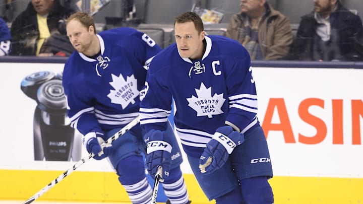 Mar 28, 2015; Toronto, Ontario, CAN; Toronto Maple Leafs defenseman Dion Phaneuf (3) and right wing Phil Kessel (81) warm up before playing against the Ottawa Senators at Air Canada Centre. The Maple Leafs beat the Senators 4-3 in overtime. Mandatory Credit: Tom Szczerbowski-Imagn Images