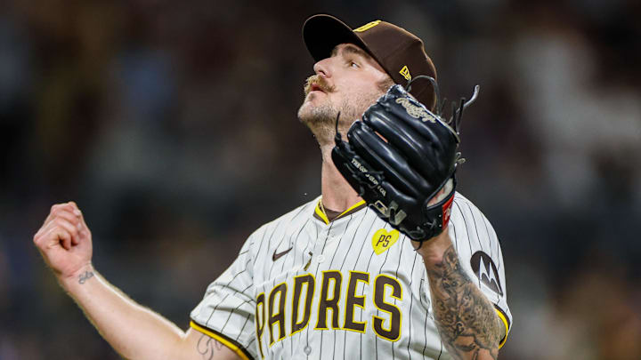 Logan Gillaspie celebrates after retiring the side during the eighth inning against the Los Angeles Dodgers at Petco Park.