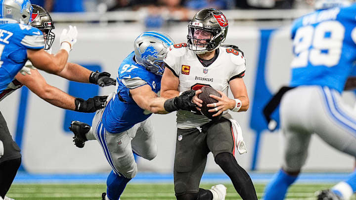 Detroit Lions defensive end Aidan Hutchinson (97) sacks Tampa Bay Buccaneers quarterback Baker Mayfield (6) during the first half at Ford Field in Detroit on Sunday, September 15, 2024.