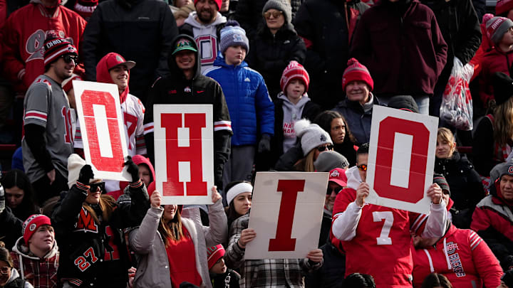 Fans spell out O-H-I-O during the Ohio State Buckeyes College Football Playoff National Championship celebration at Ohio Stadium in Columbus on Jan. 26, 2025.