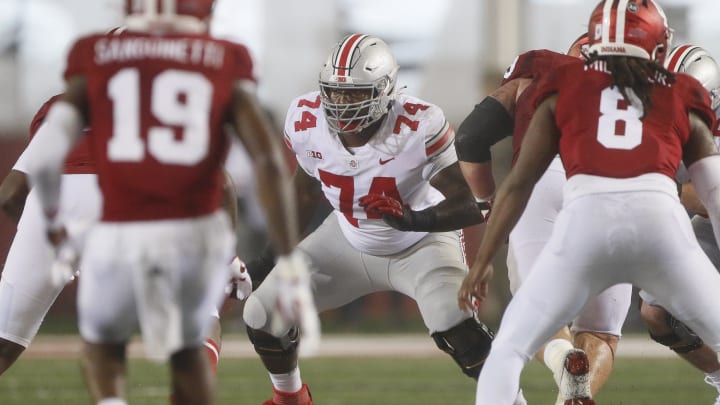 Ohio State Buckeyes offensive lineman Donovan Jackson (74) blocks during the NCAA football game against the Indiana Hoosiers at Memorial Stadium in Bloomington, Ind. on Sunday, Oct. 24, 2021. Ohio State won 54-7.