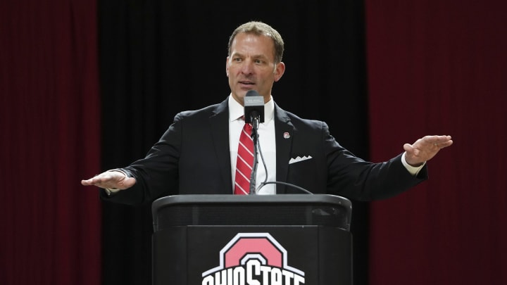 Jan 17, 2024; Columbus, OH, USA; Ross Bjork speaks during an introductory press conference for Ohio State University’s new athletic director at the Covelli Center.