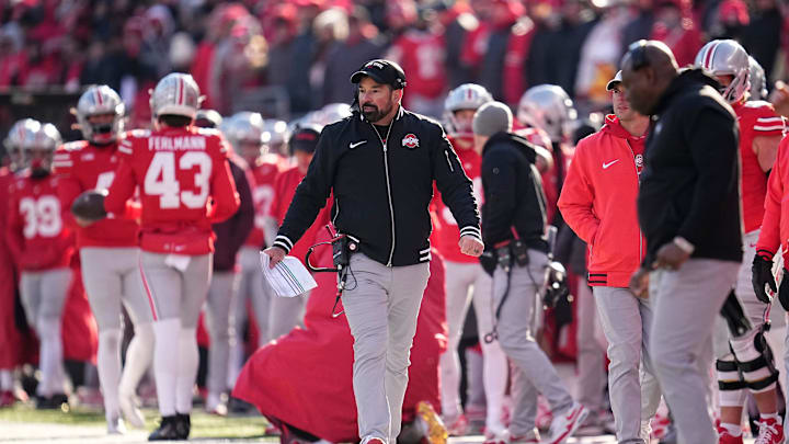 Ohio State Buckeyes head coach Ryan Day walks the sideline during the second half of the NCAA football game against the Michigan Wolverines at Ohio Stadium in Columbus on Saturday, Nov. 30, 2024. Michigan won 13-10.