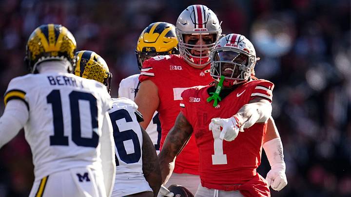 Ohio State Buckeyes running back Quinshon Judkins (1) reacts to a first down run during the second half of the NCAA football game against the Michigan Wolverines at Ohio Stadium in Columbus on Saturday, Nov. 30, 2024. Michigan won 13-10.