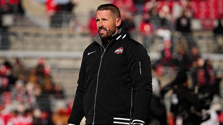 Ohio State Buckeyes co-offensive coordinator Brian Hartline watches warm ups prior to the NCAA football game against the Michigan Wolverines at Ohio Stadium in Columbus on Saturday, Nov. 30, 2024.