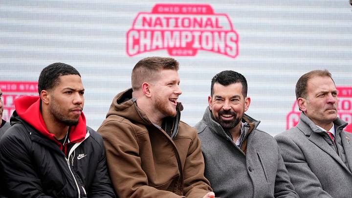 Ohio State Buckeyes head coach Ryan Day laughs with defensive end Jack Sawyer during the Ohio State Buckeyes College Football Playoff National Championship celebration at Ohio Stadium in Columbus on Jan. 26, 2025.