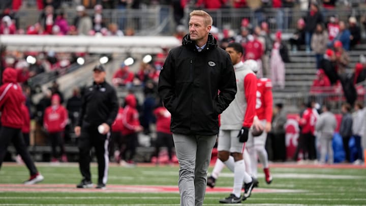 Fox Sports announcer Joel Klatt walks across the field prior to the NCAA football game between the Ohio State Buckeyes and the Indiana Hoosiers at Ohio Stadium in Columbus on Saturday, Nov. 23, 2024.