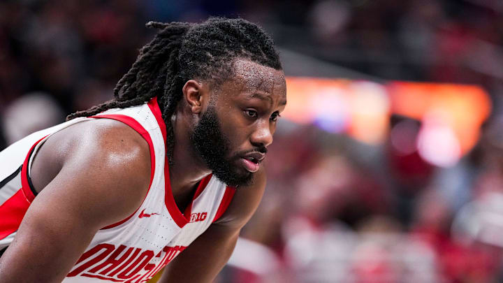 Ohio State Buckeyes guard Bruce Thornton (2) looks down during a free throw Wednesday, March 12, 2025, in a first round game at the 2025 TIAA Big Ten Men’s Basketball Tournament between the Iowa Hawkeyes and the Ohio State Buckeyes at Gainbridge Fieldhouse in Indianapolis. The Hawkeyes defeated the Buckeyes, 77-70.