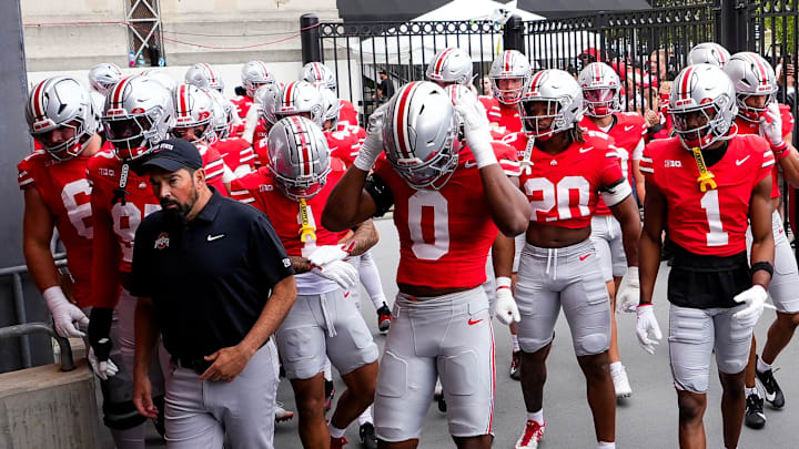 Ohio State Buckeyes head coach Ryan Day leads his team to the tunnel before the game against Grambling State Tigers at the Ohio Stadium on Saturday, Sept. 6, 2025 in Columbus, Ohio.