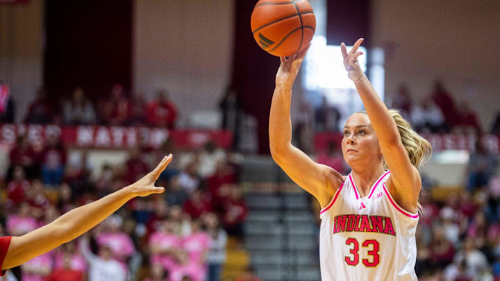 Indiana's Sydney Parrish (33) makes a three pointer during the Indiana versus Nebraska women's basketball game at Simon Skjodt Assembly Hall on Sunday, Feb. 2, 2025.
