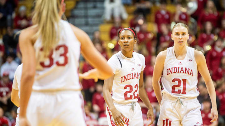 Indiana's Chloe Moore-McNeil (22) talks with Sydney Parrish (33) during the Indiana versus Ohio State womens basketball game at Simon Skjodt Assembly Hall on Thursday, Feb. 20, 2025.