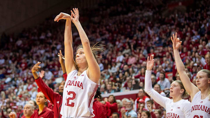 Indiana's Yarden Garzon (12) watches her three-pointer go in during the Indiana versus Maryland women's basketball game at Simon Skjodt Assembly Hall on Thursday, Feb. 27, 2025.