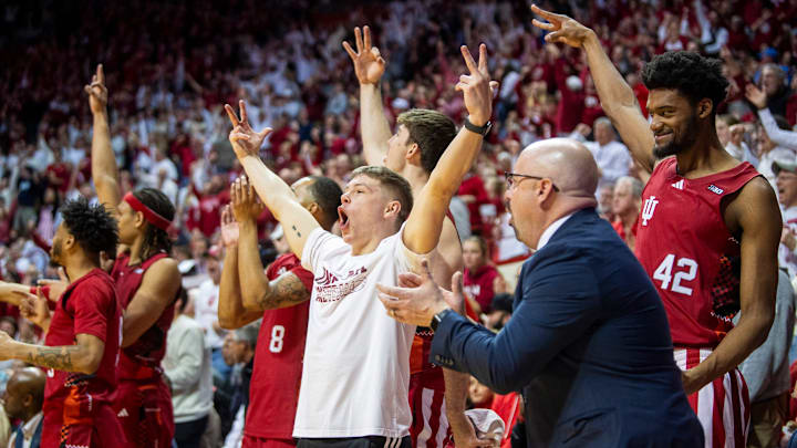 Indiana's Gabe Cupps and the Hoosiers celebrate a three-pointer during the Indiana versus UCLA men's basketball game at Simon Skjodt Assembly Hall on Friday, Feb. 14, 2025.