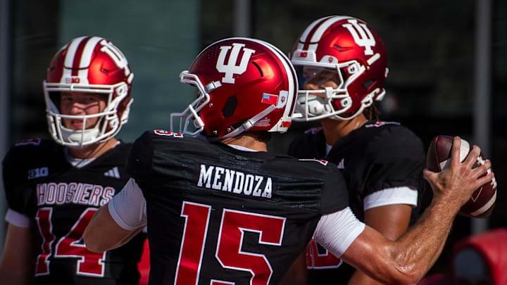 Indiana's Fernando Mendoza (15) at Indiana University football practice on Tuesday, Aug. 5, 2025.
