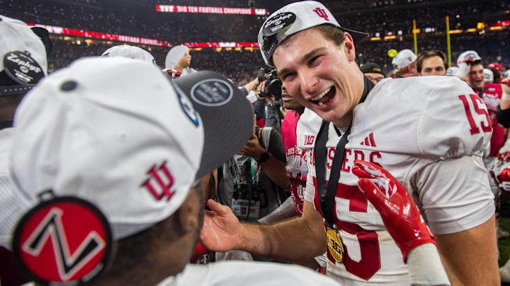 Indiana's Fernando Mendoza (15) celebrates after the Indiana versus Ohio State Big Ten Championship football game at Lucas Oil Stadium on Saturday, Dec. 6, 2025.