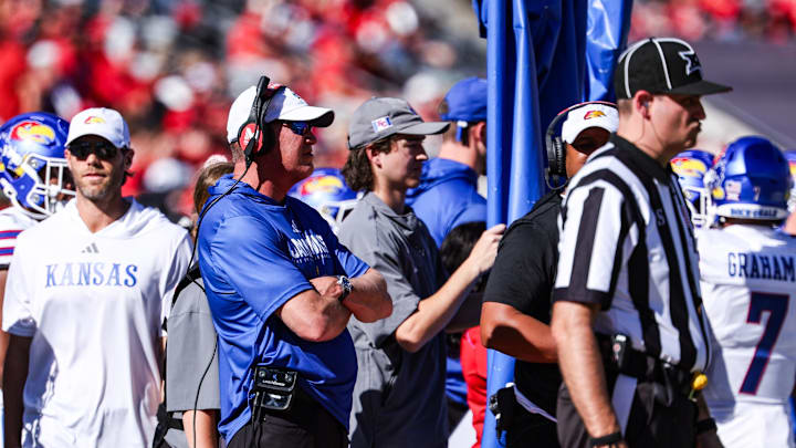 Nov 8, 2025; Tucson, Arizona, USA; Kansas Jayhawks head coach Lance Leipold watches the game from the sidelines during the first quarter against the Arizona Wildcats at Arizona Stadium. Mandatory Credit: Aryanna Frank-Imagn Images