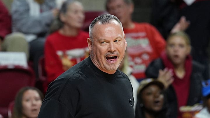 Kansas Jayhawks women's basketball head coach Brandon Schneider reacts during the first quarter against Iowa State in the Big-12 women’s basketball home opener on Dec. 21, 2025, at Hilton Coliseum in Ames, Iowa.