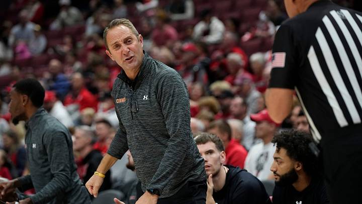 Campbell Fighting Camels head coach Kevin McGeehan yells during the first half of the NCAA men's basketball game against the Ohio State Buckeyes at Value City Arena in Columbus on Friday, Nov. 22, 2024.