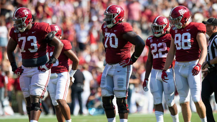 Alabama offensive lineman Evan Neal (73), offensive lineman Alex Leatherwood (70) and tight end Major Tennison (88) line up against New Mexico State at Bryant-Denny Stadium in Tuscaloosa, Ala., on Saturday September 7, 2019.

Oline101