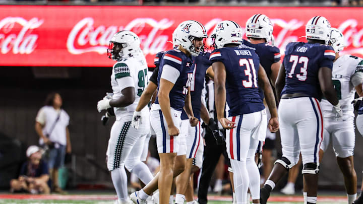 Aug 30, 2025; Tucson, Arizona, USA; Arizona Wildcats kicker Michael Salgado-Medina (19) celebrates a 52-yard field goal during the fourth quarter of the game against the Hawaii Rainbow Warriors at Arizona Stadium. Mandatory Credit: Aryanna Frank-Imagn Images