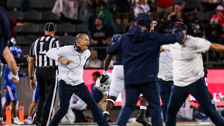 Oct 11, 2025; Tucson, Arizona, USA; Arizona Wildcats head coach Brent Brennan celebrates during the second quarter of the game against the Brigham Young Cougars at Arizona Stadium. Mandatory Credit: Aryanna Frank-Imagn Images