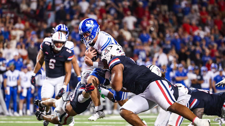 Oct 11, 2025; Tucson, Arizona, USA; Brigham Young Cougars quarterback Bear Bachmeier (47) scores a touchdown in the fourth quarter against the Arizona Wildcats at Arizona Stadium. Mandatory Credit: Aryanna Frank-Imagn Images