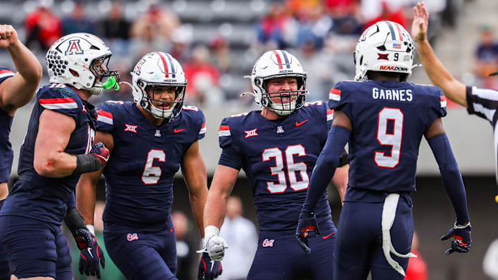 Nov 22, 2025; Tucson, Arizona, USA; Arizona Wildcats linebacker Dominic Hanger (36) celebrates during the fourth quarter of the game of the game against the Baylor Bears at Casino Del Sol Stadium. Mandatory Credit: Aryanna Frank-Imagn Images