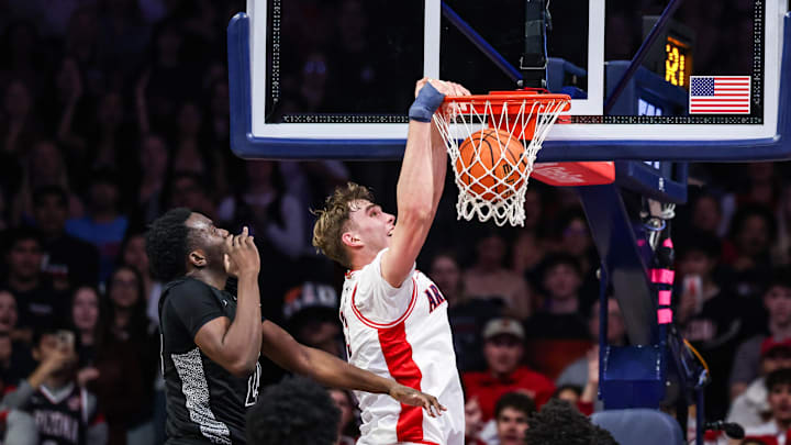 Jan 21, 2026; Tucson, Arizona, USA; Arizona Wildcats center Motiejus Krivas (10) dunks the ball during the first half of the game against the Cincinnati Bearcats at McKale Memorial Center. Mandatory Credit: Aryanna Frank-Imagn Images
