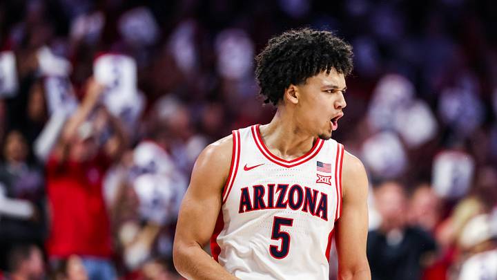 Jan 24, 2026; Tucson, Arizona, USA; Arizona Wildcats guard Brayden Burries (5) celebrates during the first half of the game against the West Virginia Mountaineers at McKale Memorial Center. Mandatory Credit: Aryanna Frank-Imagn Images