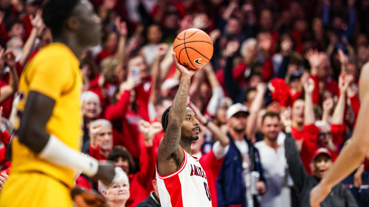 Jan 14, 2026; Tucson, Arizona, USA; Arizona Wildcats guard Jaden Bradley (0) reacts at the end of the game against the Arizona State Sun Devils at McKale Memorial Center. Mandatory Credit: Aryanna Frank-Imagn Images