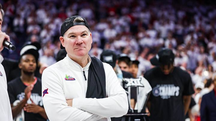 Mar 2, 2026; Tucson, Arizona, USA; Arizona Wildcats head coach Tommy Lloyd looks out to fans after they defeat the Iowa State Cyclones at McKale Memorial Center. Mandatory Credit: Aryanna Frank-Imagn Images