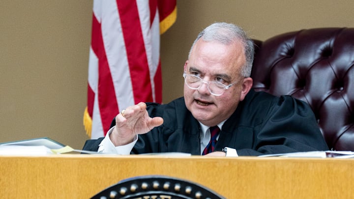Chancellor Chris Heagerty questions NCAA attorney Taylor Askew during a hearing for Tennessee quarterback Joey Aguilar in Knox County Chancery Court in Knoxville, Tenn., on Feb. 13, 2026.