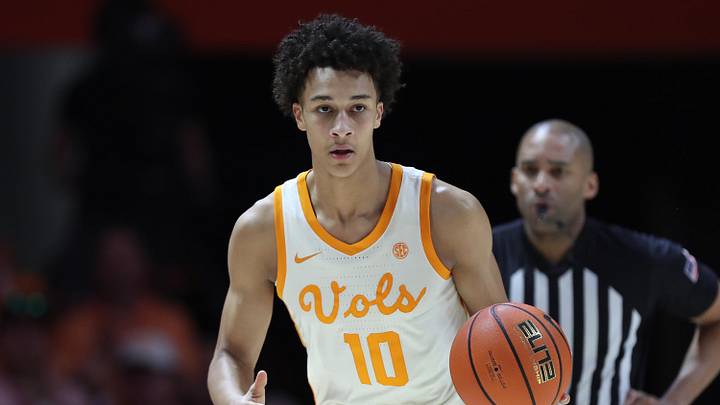 Feb 28, 2026; Knoxville, Tennessee, USA;  Tennessee Volunteers forward Nate Ament (10) brings the ball up court against the Alabama Crimson Tide during the first half at Thompson-Boling Arena at Food City Center. Mandatory Credit: Randy Sartin-Imagn Images