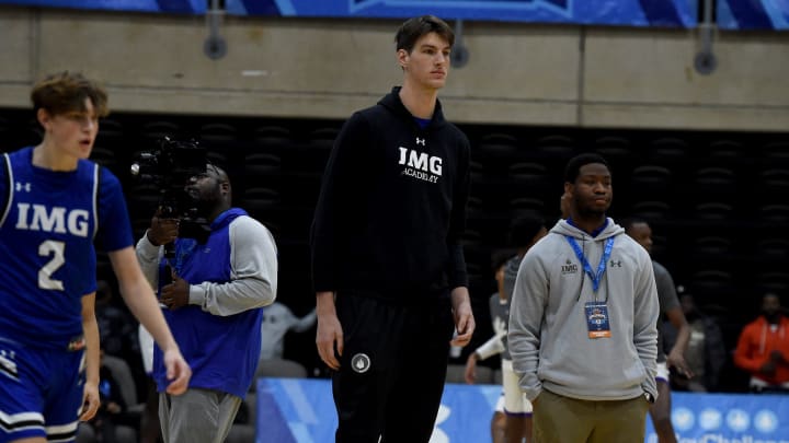 IMG Blue's Olivier Rioux, tallest teenager and high school basketball player in the world, watches as his team warms up for their game against Keystone in the Governors Challenge at Wicomico Civic Center in Salisbury, Maryland.

Bkh Img Academy Blue Keystone Athletic Academy Governors Challenge