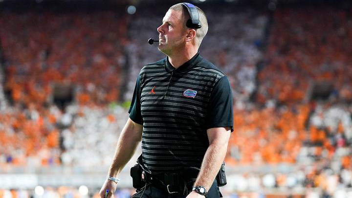 Oct 12, 2024; Knoxville, Tennessee, USA; Florida Gators  head coach Billy Napier reacts during a game against the Tennessee Volunteers at Neyland Stadium. Mandatory Credit: Brianna Paciorka/USA TODAY Network via Imagn Images