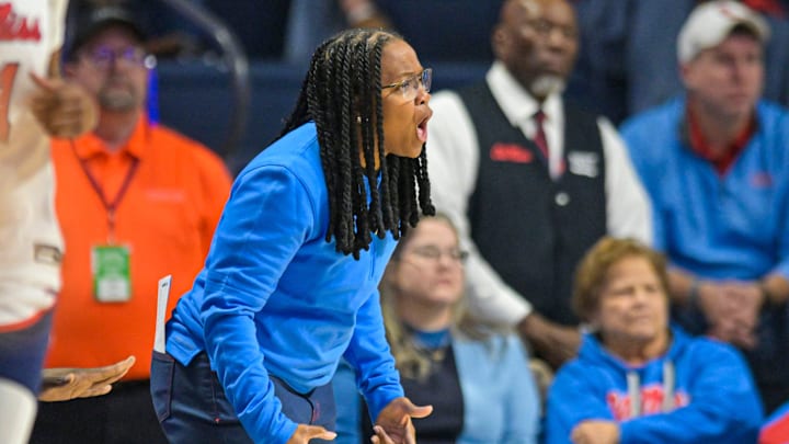 Ole Miss head coach Yolett McPhee McCuin reacts during a women's college basketball game between Ole Miss and Mississippi State at the Sandy and John Black Pavilion in Oxford, Miss. on Sunday, Jan. 11, 2026.