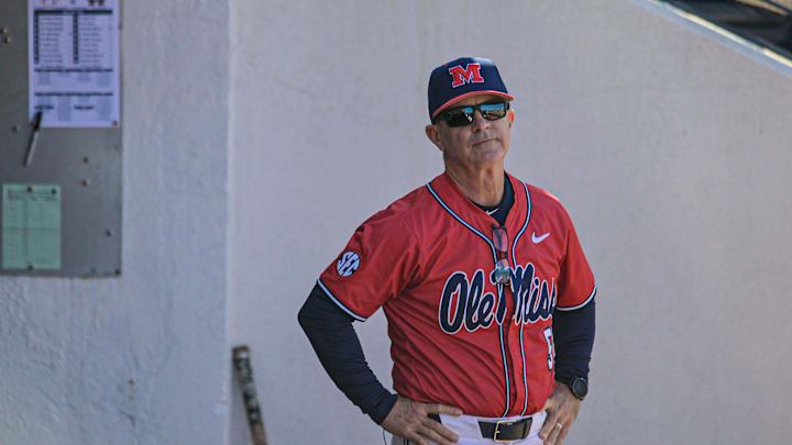 Ole Miss head coach Mike Bianco (5) reacts during the game against Mississippi State in Oxford, Miss. on Saturday, March 28, 2026.