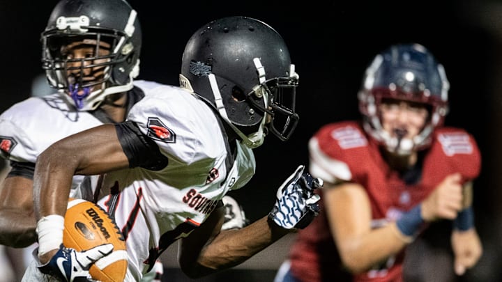 Southside Derick Smith (6) returns a kick at Montgomery Academy in Montgomery, Ala., on Friday, Sept. 10, 2021. Montgomery Academy leads Southside 20-14 at halftime.