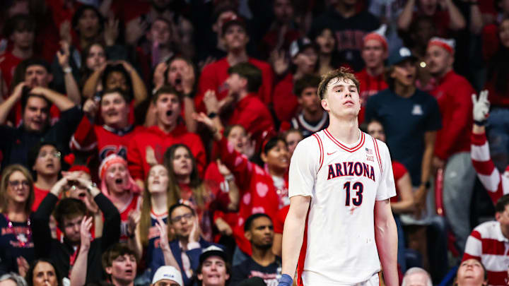 Feb 14, 2026; Tucson, Arizona, USA; Arizona Wildcats center Motiejus Krivas (13) reacts to receiving a foul during the second half of the game against the Texas Tech Red Raiders at McKale Memorial Center. Mandatory Credit: Aryanna Frank-Imagn Images