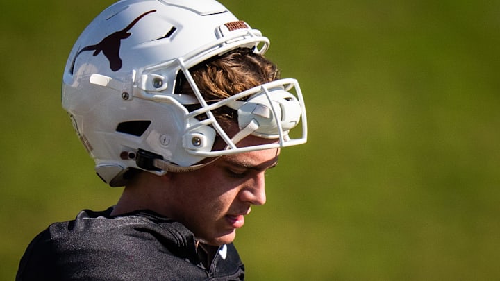 Texas Longhorns quarterback Arch Manning (16) takes a break during practice on the University of Texas campus in Austin, Dec. 27, 2024 ahead of the second round playoff game against Arizona State in the Peach Bowl on the New Years Day.