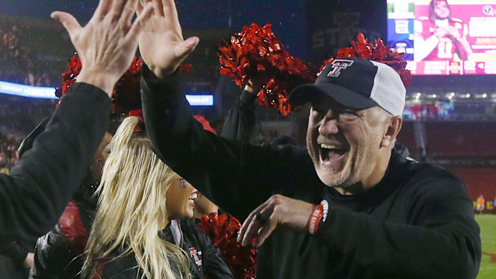 Texas Tech Red Raiders' football head coach Joey MCGuire celebrates after winning 23-22 over Iowa State Cyclones in the week-10 NCAA football at Jack Trice Stadium on Saturday, Nov. 2, 2024, in Ames, Iowa.