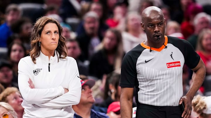 Indiana Fever head coach Stephanie White looks up Tuesday, May 20, 2025, during a game between the Indiana Fever and the Atlanta Dream at Gainbridge Fieldhouse in Indianapolis.